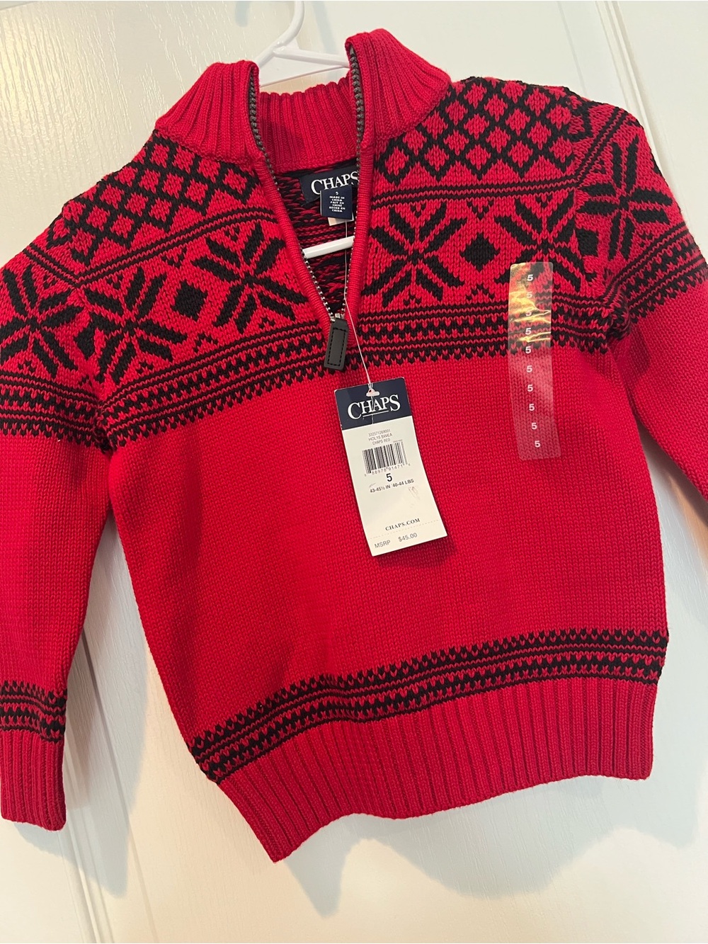 Chaps Red and Black Fair Isle 1/4 Zip-Up Sweater - Boys sz 5 NWT Ski Vacation